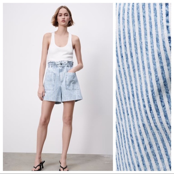 🌹NWT. Zara Striped Paperbag High-waist Shorts. Size 0. - Picture 1 of 8